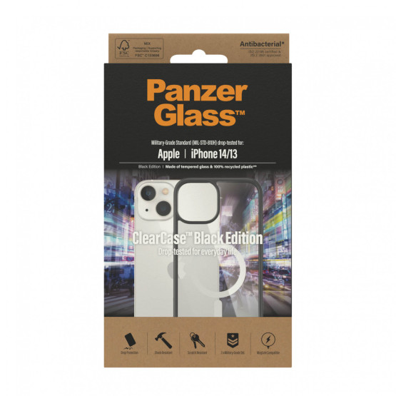 Гръб ClearCase PanzerGlass, MagSafe за Apple Iphone 14 , Antibacterial - Черна рамка