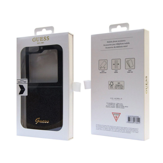 Гръб Guess PC/TPU Glitter Flakes Metal Logo Case за Samsung Galaxy Z Flip 5 - Черен