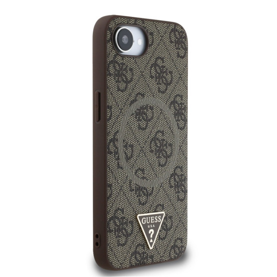 Гръб Guess за iPhone 16E, PU, 4G Strass, Triangle Metal Logo, Кафяв