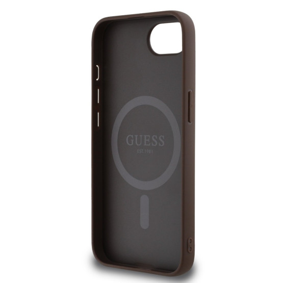 Гръб Guess за iPhone 16E, PU, 4G Strass, Triangle Metal Logo, Кафяв