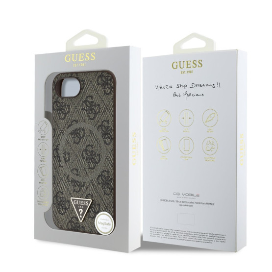 Гръб Guess за iPhone 16E, PU, 4G Strass, Triangle Metal Logo, Кафяв