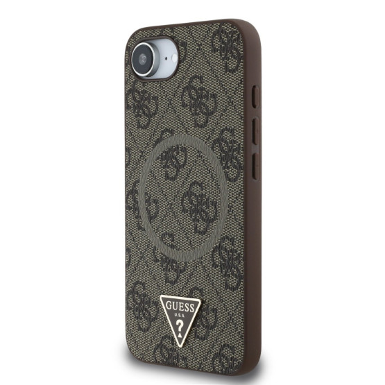 Гръб Guess за iPhone 16E, PU, 4G Strass, Triangle Metal Logo, Кафяв