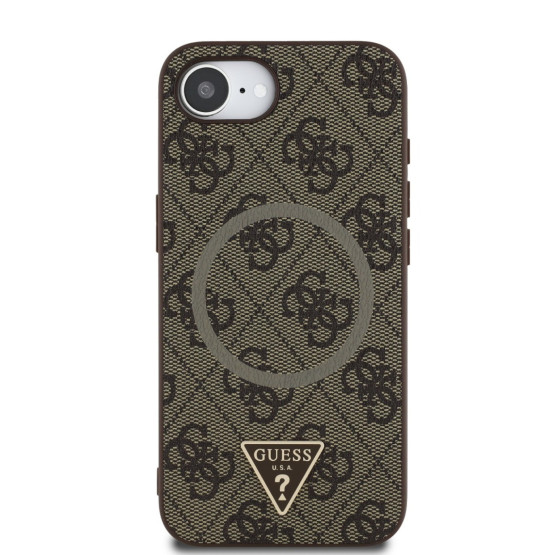 Гръб Guess за iPhone 16E, PU, 4G Strass, Triangle Metal Logo, Кафяв