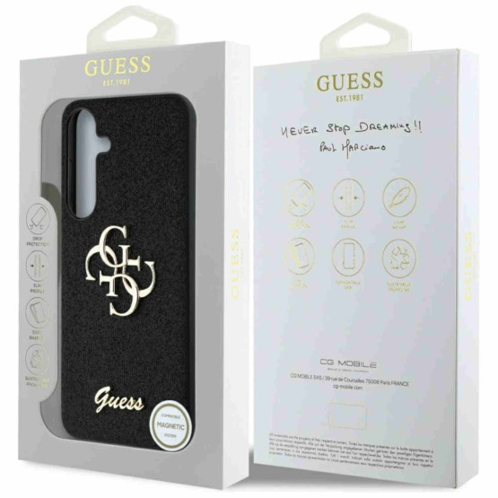 Гръб Guess за Samsung Galaxy S25, PU, Fixed Glitter 4G Metal Logo Case, Черен