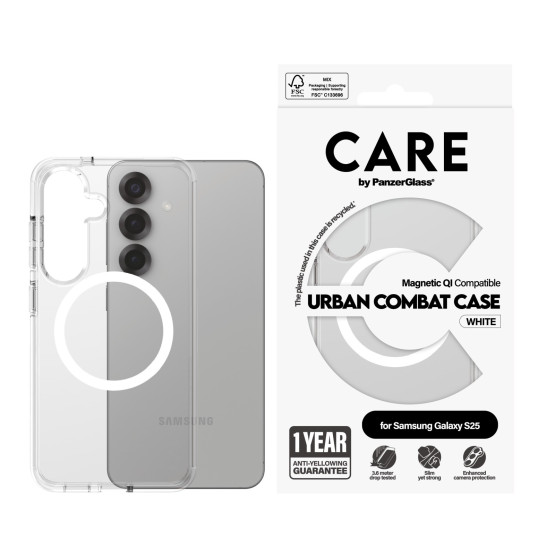 Гръб Care by PanzerGlass за Samsung Galaxy S25, Flagship Case, Прозрачен, Urban Combat, QI Compatible, Бял
