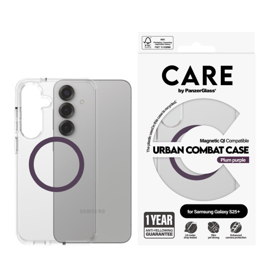 Гръб Care by PanzerGlass за Samsung Galaxy S25 Plus, Flagship Case, Прозрачен, Urban Combat, QI Compatible, Plum Purple