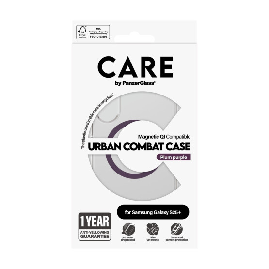 Гръб Care by PanzerGlass за Samsung Galaxy S25 Plus, Flagship Case, Прозрачен, Urban Combat, QI Compatible, Plum Purple