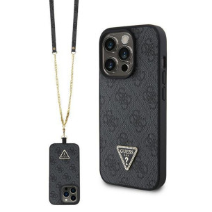 Гръб Guess PU 4G Strass Triangle Metal Logo Case / Crossbody Strap за iPhone 15 Pro Max - Черен
