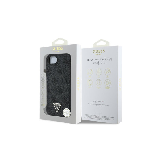 Гръб Guess за iPhone 16E, PU, 4G Strass, Triangle Metal Logo, Черен