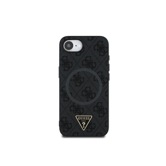 Гръб Guess за iPhone 16E, PU, 4G Strass, Triangle Metal Logo, Черен