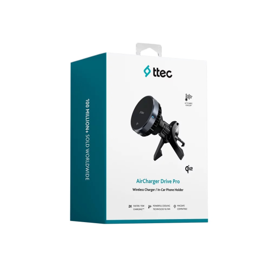 Стойка за кола ttec AirCharger Drive Pro Qi2/MagSafe 15W Wireless Fast Charger/In-Car Phone Holder with Cooling Techn. - Черна