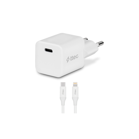 Адаптер 220V ttec SmartCharger 20W PD Travel Fast Charger + USB-C - Lightning Cable 150cm - Бял