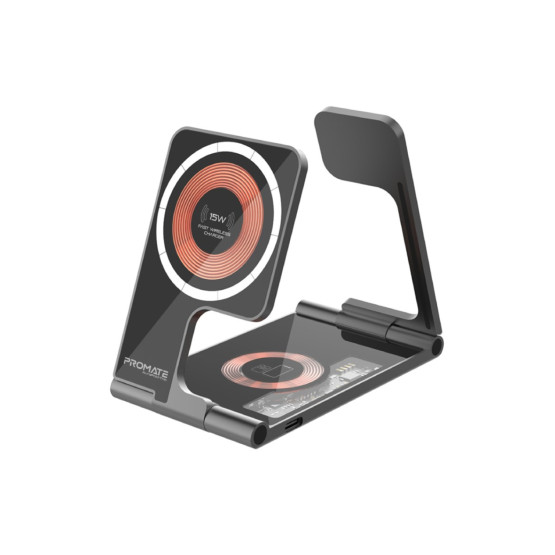 Зарядна станция ProMate AURAFOLD-TRIO 15W Magsafe, 3in1 - Черна
