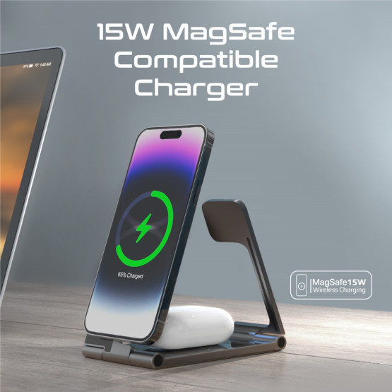 Зарядна станция ProMate AURAFOLD-TRIO 15W Magsafe, 3in1 - Черна