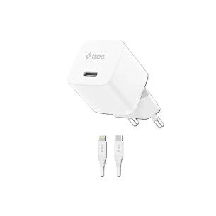 Зарядно 220V ttec SmartCharger GAN 20W PD Travel Fast Charger + USB-C - Lightning Cable 150cm - Бяло