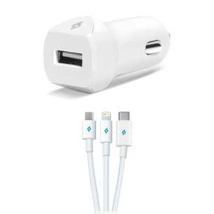 Зарядно 12V ttec SpeedCharger Trio USB In-Car Charger, 2.1A, Lightning, Micro USB and Type C Cable - Черно
