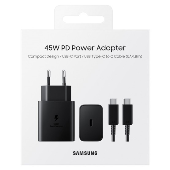 Зарядно 220V Samsung Super Fast Charging 45W USB -C с кабел Type C Travel Charger - Черно, EP-T4510XBE