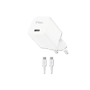 Зарядно 220V ttec SmartCharger GAN 30W PD Travel Fast Charger + USB-C - USB-C 60W Cable - Бяло