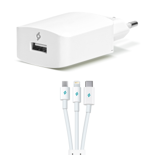 Зарядно 220 V ttec SpeedCharger Trio USB Travel Charger, 2.1A, Lightning, Micro USB and Type C Cables