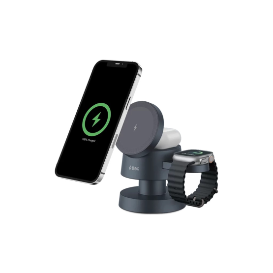 Безжично Wireless зарядно ttec AirCharger Quattro Mini MagSafe Comp. 4in1 iPhone + Apple Watch + AirPods Wireless Foldable Charging Stand - Черно