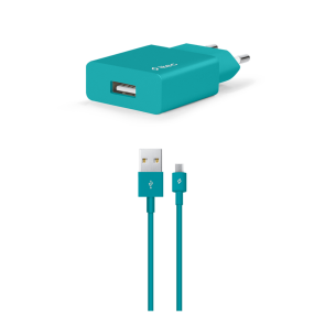 Зарядно 220V SmartCharger USB Travel Charger, 2,1A, incl, Micro USB Cable - Тюркоаз
