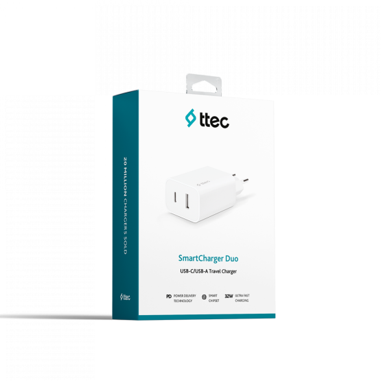 Адаптер ttec SmartCharger Duo PD Travel Charger USB-C+USB-A 32W - Бял