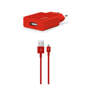 Зарядно 220V SmartCharger USB Travel Charger, 2,1A, incl, Micro USB Cable - Червено