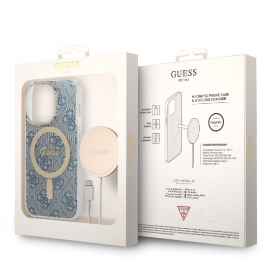 Гръб Guess 4G MagSafe Compatible Case + Зарядно Wireless Charger за iPhone 14 Prо - Син