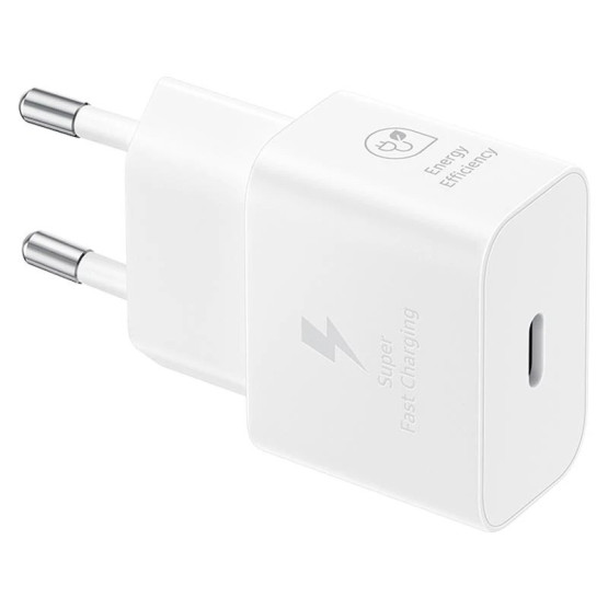 Оригинално Зярядно 220V, Samsung, USB-C 25W,, Travel Charger с Type C Data кабел, Бяло, EP-T2510XBE