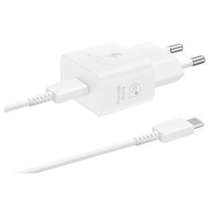 Оригинално Зярядно 220V, Samsung, USB-C 25W,, Travel Charger с Type C Data кабел, Бяло, EP-T2510XBE