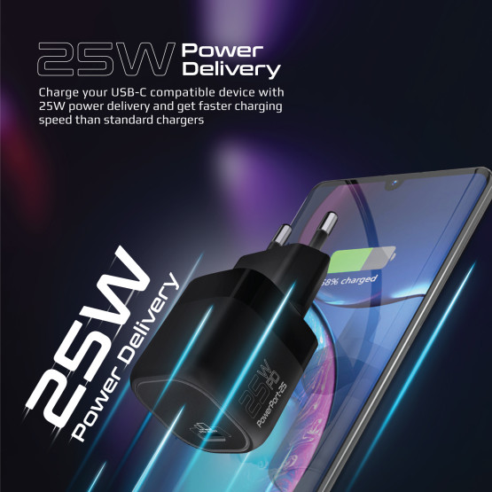Зарядно 220V ProMate,POWERPORT-25, 25W Power Delivery USB-C Wall Charger • Adaptive Fast Charging Power Delivery • Surge Protection • Automatic Voltage Regulation, Черен