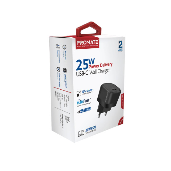 Зарядно 220V ProMate,POWERPORT-25, 25W Power Delivery USB-C Wall Charger • Adaptive Fast Charging Power Delivery • Surge Protection • Automatic Voltage Regulation, Черен