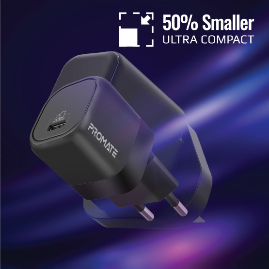 Зарядно 220V ProMate,POWERPORT-25, 25W Power Delivery USB-C Wall Charger • Adaptive Fast Charging Power Delivery • Surge Protection • Automatic Voltage Regulation, Черен