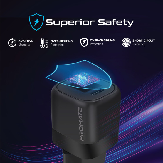 Зарядно 220V ProMate,POWERPORT-25, 25W Power Delivery USB-C Wall Charger • Adaptive Fast Charging Power Delivery • Surge Protection • Automatic Voltage Regulation, Черен