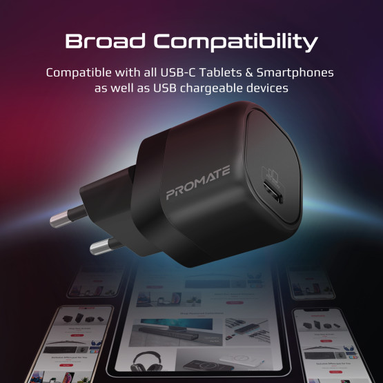 Зарядно 220V ProMate,POWERPORT-25, 25W Power Delivery USB-C Wall Charger • Adaptive Fast Charging Power Delivery • Surge Protection • Automatic Voltage Regulation, Черен