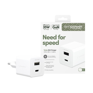 Зарядно 220V empower by PanzerGlass Grand Prix Turbo Charger incl. USB-C + USB-A 35W EU Plug - Silver White