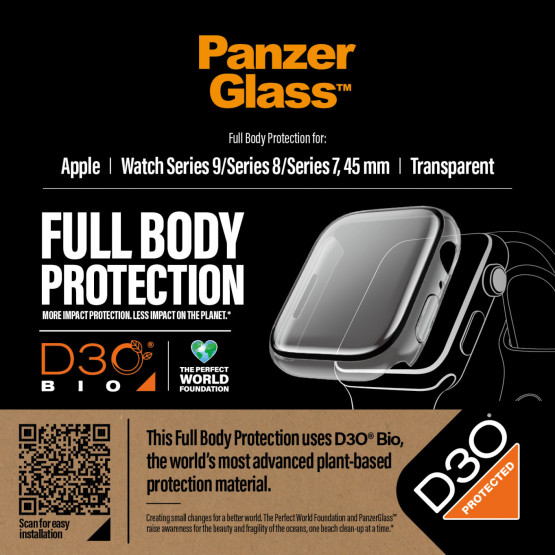 Стъклен протектор за часовник със силиконова рамка PanzerGlass за Apple watch Series 8 / Series 7, 45 mm, D3O Bio - Прозрачна рамка,