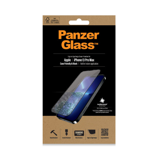 Стъклен протектор PanzerGlass за Apple Iphone 13 Pro Max 6.7 CaseFriendly, Antibacterial,Pro - Черен, 119582