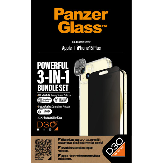 Стъклен протектор PanzerGlass за Apple iPhone 15 Plus UWF Privacy Bundle (UWF Privacy screen protector, HardCase, протектор за камера)
