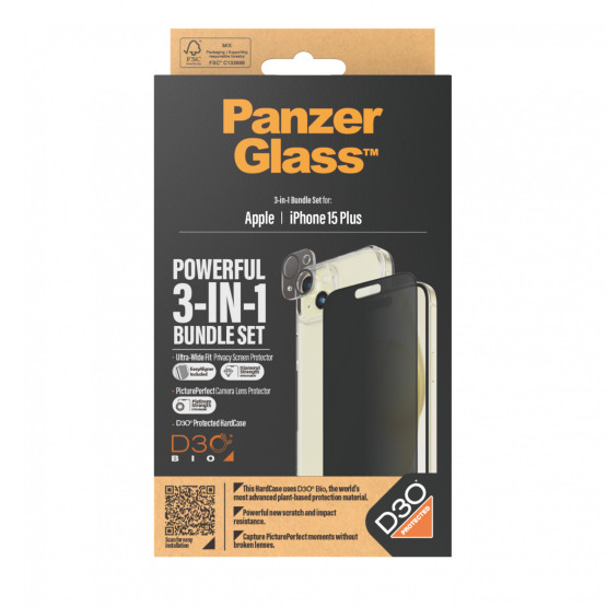 Стъклен протектор PanzerGlass за Apple iPhone 15 Plus UWF Privacy Bundle (UWF Privacy screen protector, HardCase, протектор за камера)
