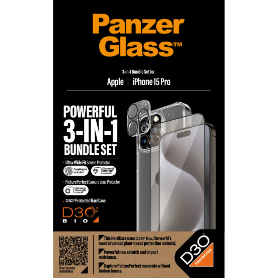 Стъклен протектор PanzerGlass за Apple iPhone 15 Pro UWF Bundle (UWF screen protector, HardCase, протектор за камера)