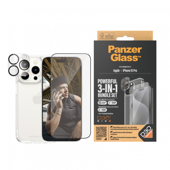 Стъклен протектор PanzerGlass за Apple iPhone 15 Pro UWF Bundle (UWF screen protector, HardCase, протектор за камера)