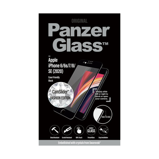 Стъклен протектор PanzerGlass за Apple Iphone 7/8/6/6s/2020 SE CaseFriendly, CamSlider, Privacy, Swarovski - Черно