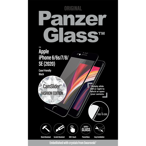 Стъклен протектор PanzerGlass за Apple Iphone 7/8/6/6s/2020 SE CaseFriendly, CamSlider, Privacy, Swarovski - Черно