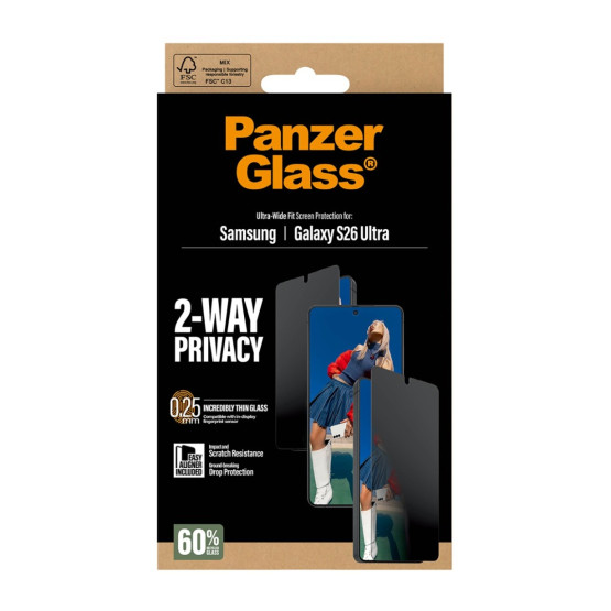 Стъклен протектор PanzerGlass за Samsung Galaxy S26 Ultra, 2-Way Privacy, Ultra-Wide Fit w. EasyAligner