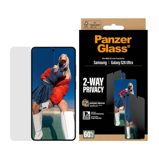Стъклен протектор PanzerGlass за Samsung Galaxy S26 Ultra, 2-Way Privacy, Ultra-Wide Fit w. EasyAligner
