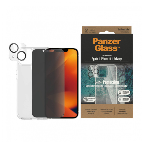 Стъклен протектор Privacy PanzerGlass iPhone 14 Bundle (UWF Privacy screen protector, HardCase, протектор за камераt)