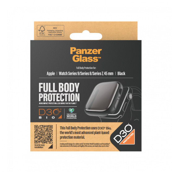 Стъклен протектор за часовник със силиконова рамка PanzerGlass за Apple watch Series 8 / Series 7, 45 mm, D3O Bio - Черна рамка,