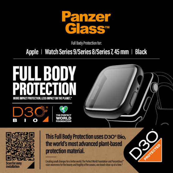Стъклен протектор за часовник със силиконова рамка PanzerGlass за Apple watch Series 8 / Series 7, 45 mm, D3O Bio - Черна рамка,