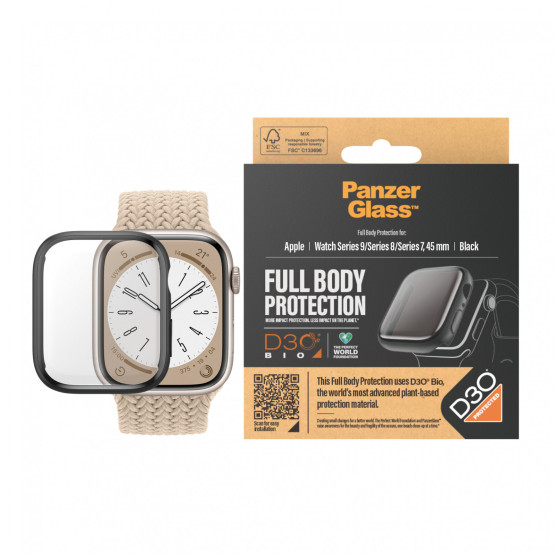 Стъклен протектор за часовник със силиконова рамка PanzerGlass за Apple watch Series 8 / Series 7, 45 mm, D3O Bio - Черна рамка,